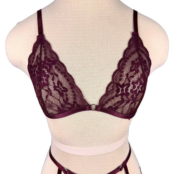 Oh La La Cherri Sexy Burgundy Lace Bralette,Panty & Garter Belt 3 Piece Lingerie - Picture 3 of 13